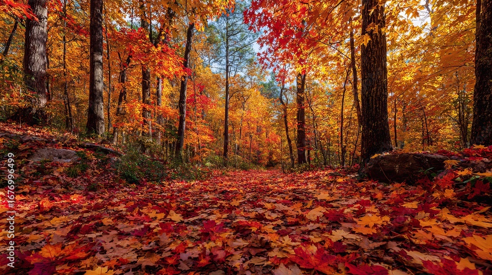 Naklejka premium Vibrant autumn forest path with golden leaves and stunning fall foliage scenery
