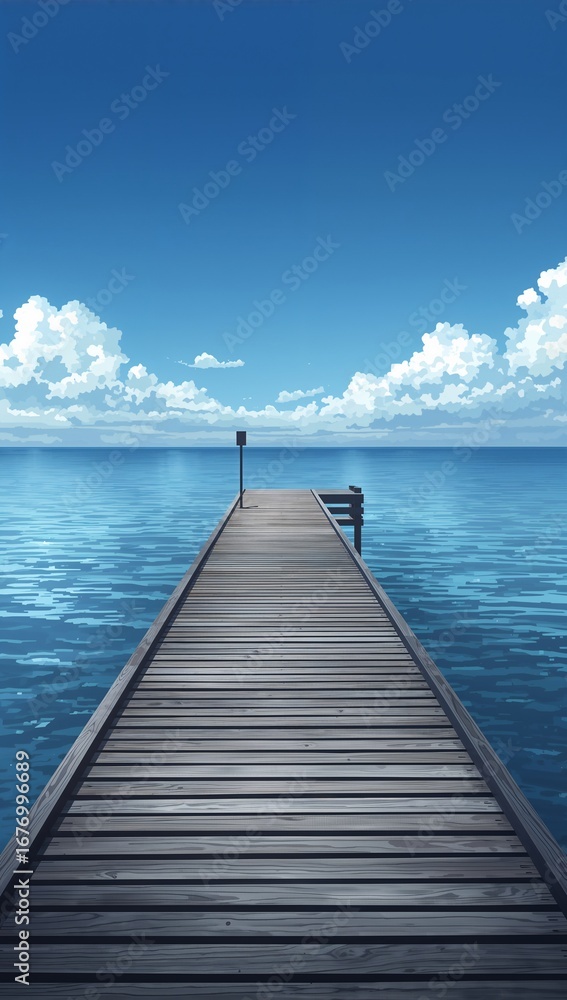 Fototapeta premium Minimalist anime fishing pier wooden planks stretching over calm ocean