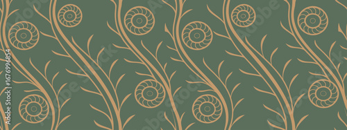 Seamless vintage floral pattern with golden abstract swirls on green background. Elegant decorative design perfect for wallpapers, textiles, and digital projects. Timeless ornamental motif for classic