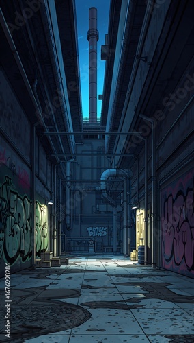 Minimalist quiet graffiti factory pipes with graffiti background panoramic wide angle view anime cartoon