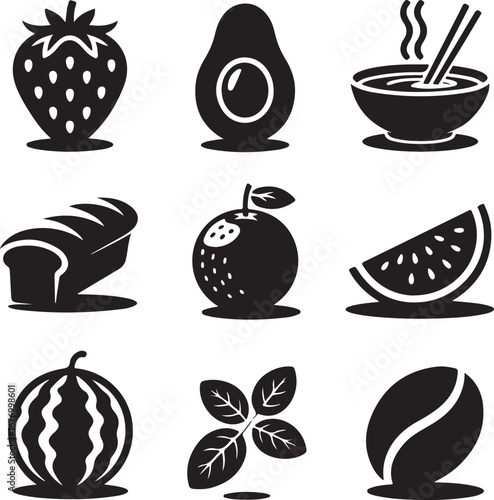 Set of Food Icons Fruits, Vegetables, Bread, Coffee
