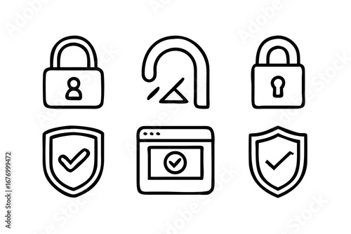 Vector art of security icons in doodle style, set of six