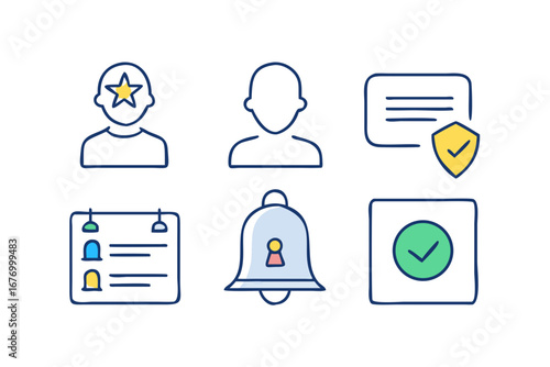 Vector art of security icons of profile, notification, check mark, shield