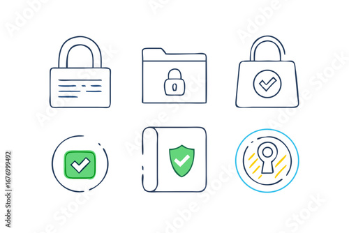 Vector art of security icons of padlock, folder, check mark, shield