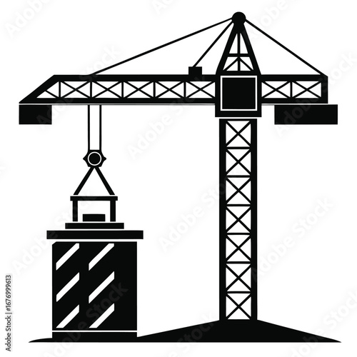 Silhouette Crane Lifting Container Construction, Industrial Equipment, and Engineering Project Depicted in Black