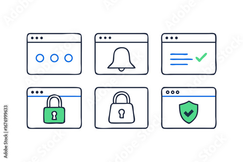 Vector art of set of browser windows with security and notification icons on