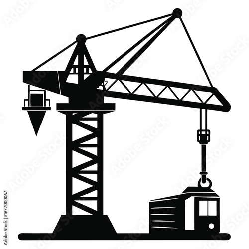 Construction Tower Crane Silhouette Lifting a Tram Cabin in Black and White Art