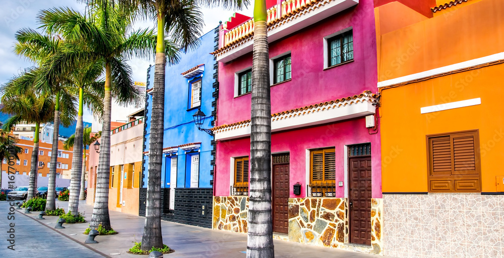 Fototapeta premium Tenerife. Colourful houses and palm trees on street in Puerto de la Cruz town, Tenerife, Canary Islands, Spain