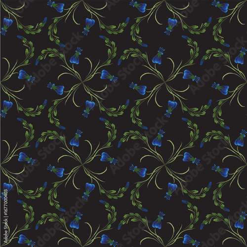 Vector floral seamless pattern from hand painted forget-me-not flowers on a black background