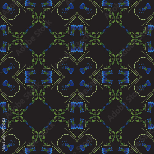 Vector floral seamless pattern from hand painted forget-me-not flowers on a black background