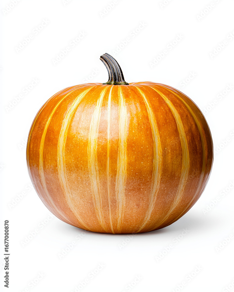 Obraz premium Single pumpkin with glowing orange skin, isolated on white background, autumn harvest concept
