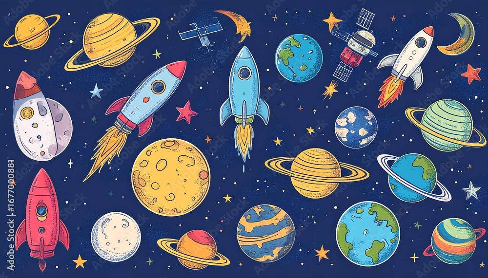 Naklejka premium Colorful space objects collection