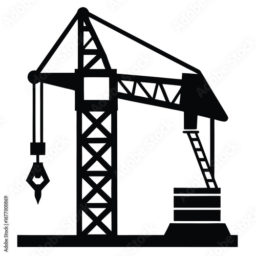 Black Silhouette Illustration of a Construction Crane with Ladder and Heavy Hook Lifting System