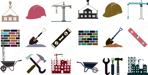 Construction tools and equipment icons crane building