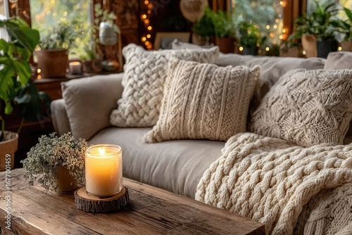 Cozy knitted throw pillows and blanket on a light beige sofa in a rustic living room with twinkling lights