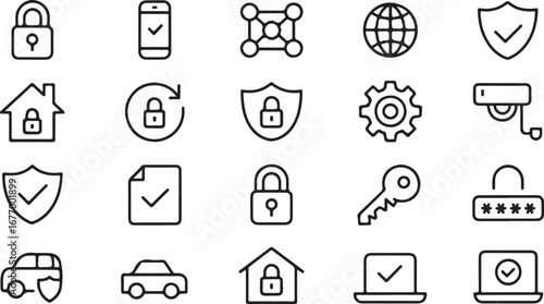 Security icons lock shield key car house network globe gear camera document laptop