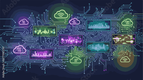 Abstract Glowing Circuit Board and Cloud Computing Modern Data Visualization Concept
