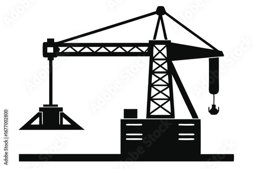 Silhouette of a Construction Crane Lifting Equipment at a Building Site, Vector Illustration