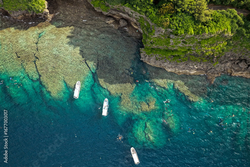 Blue Cave (青の洞窟) Entrance and Diving Boats, Maeda Misaki, Onna Village, Okinawa, Japan