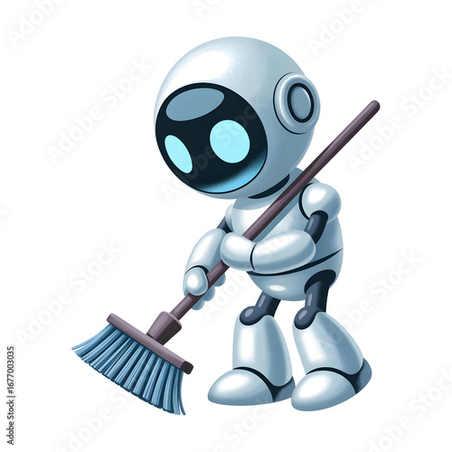 3d illustration of cute robot character cleaning with a broom, isolated on white background