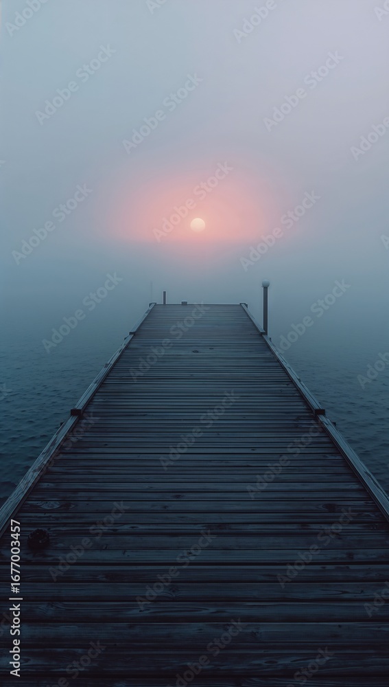 Obraz premium Minimalist anime weathered dock stretching into misty ocean horizon at dawn