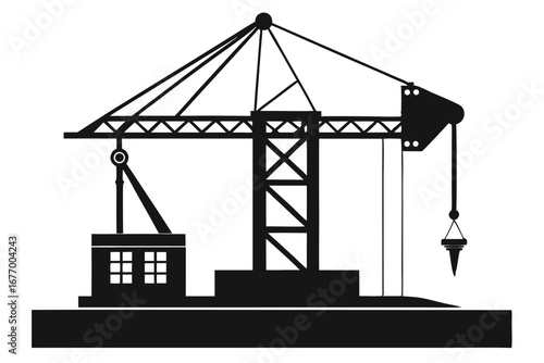 Silhouette Illustration of a Construction Crane with Operator Cabin and Lifting Hook Over Ground