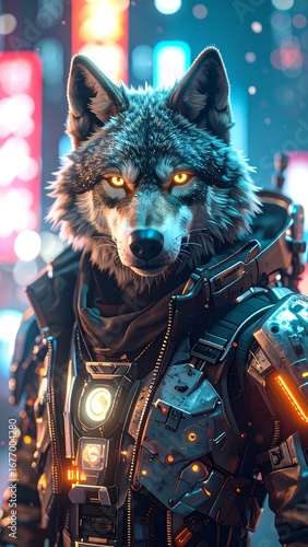 A futuristic anthropomorphic wolf in cybernetic armor, standing in a neon-lit urban environment.