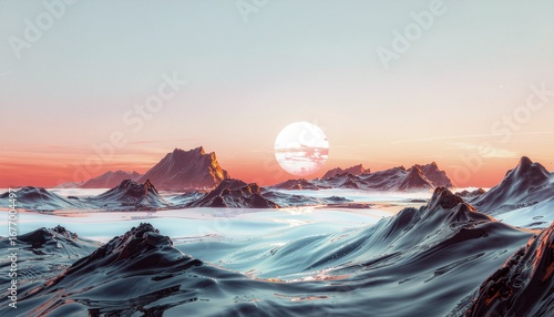 Surreal Icy Peaks Bathed in the Glow of a Distant Sun
