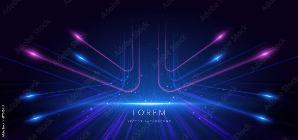 Fototapeta premium Blue and purple curved ray on dark blue background with lighting effect and sparkle.