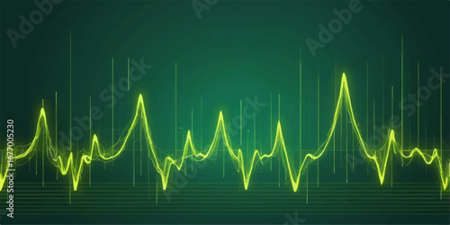 The rhythmic green pulse of an EKG graph illustrates a healthy heartbeat on a medical monitor
