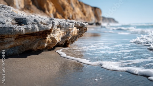 A close-up view of a rocky shoreline, with waves gently lapping the sandy shore, creating a tranquil scene under a bright, clear sky.