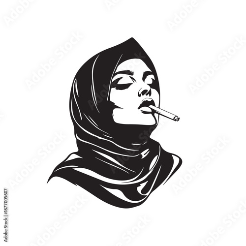 Artistic vector sketch of a woman in hijab smoking, contemporary and expressive style, depicting the contrast between traditional symbols and modern urban elements.