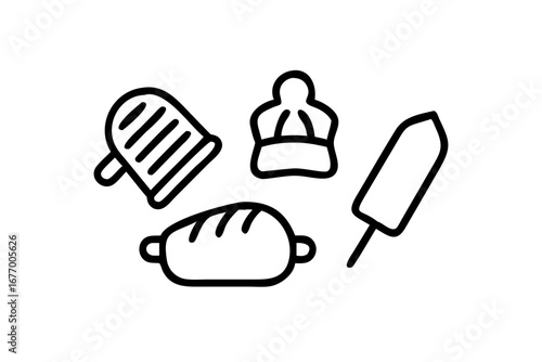 Vector art of baking and dessert icons including oven mitt, chef hat, bread