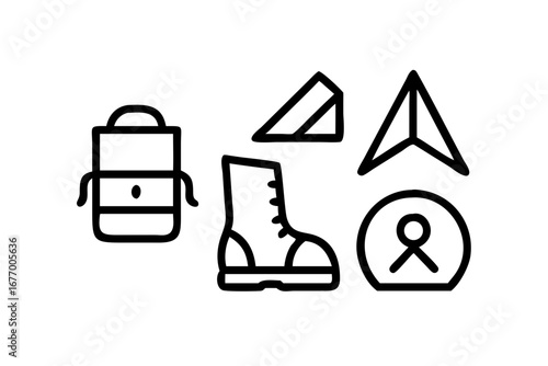 Vector art of backpack, hiking boot, mountain, and water bottle icons isolated on white
