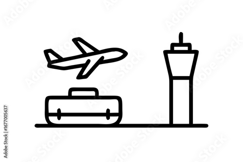 Vector art of airport travel icon with airplane, control tower, and luggage