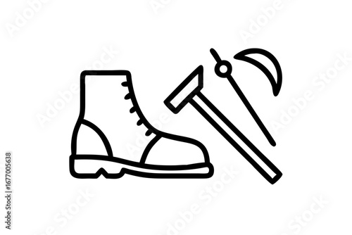 Vector art of adventure equipment with boot and axe for camping and hiking