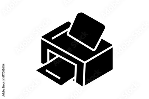 The image shows a black ballot box icon with a paper being inserted into it. The design is bold, simple, and uses solid black shapes to represent the concept of voting, election, or democracy.