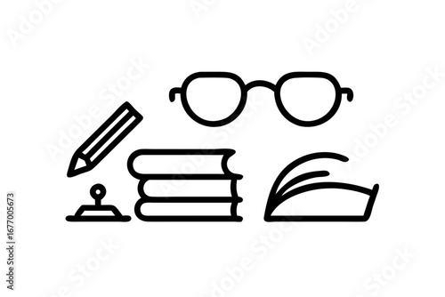 Vector art of books with glasses, pencil, and stamp