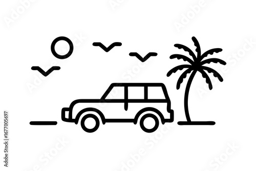 Vector art of car driving on a beach with palm tree