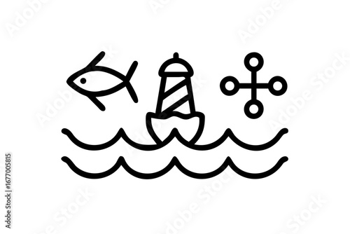 Vector art of fish, lighthouse, and waves icons in line art