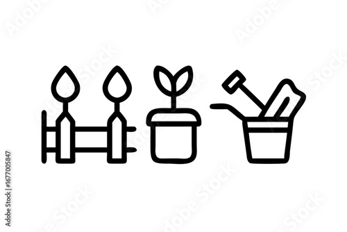 Vector art of gardening tools and plants near fence