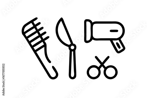 Vector art of hair salon icons including comb, scissors, and hairdryer