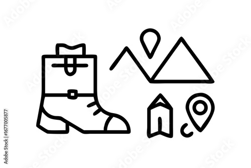 Vector art of hiking boot and mountain icons in line art