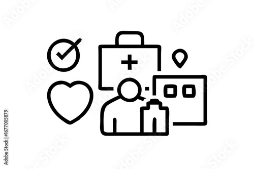 Vector art of healthcare icon set with heart, check mark, medical bag, and hospital