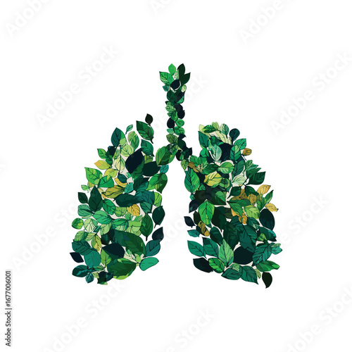 Illustration of human lungs formed from green leaves representing respiratory health and nature connection