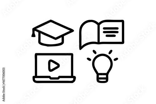 Vector art of online education icon set with video course, book, and graduation cap