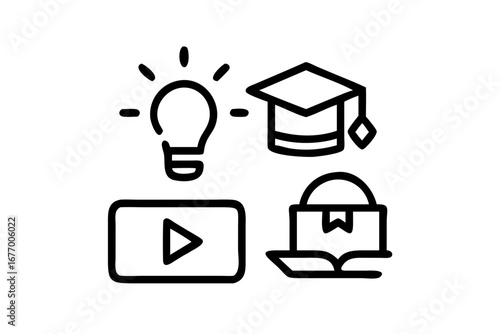 Vector art of online learning icon set featuring video course, book, graduation cap, and idea