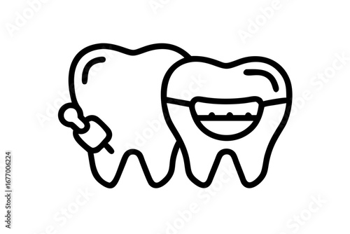 Vector art of tooth with braces and pin in a minimalist style