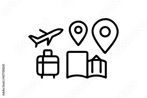 Vector art of travel and tourism icon with airplane, luggage, map pin and book isolated on white