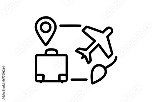 Vector art of travel and tourism icon with airplane, luggage, map pin isolated on white